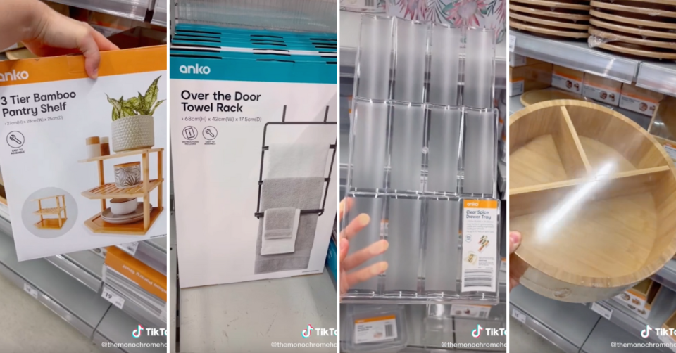 Stills from TikTok video offering handy Kmart storage products to declutter your home including shelving, towel racks and bamboo products