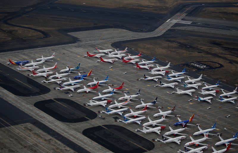 Grounded Boeing 737 MAX aircraft are seen parked at Boeing facilities at Grant County International Airport in Moses Lake