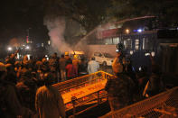 Protesters with posters and placards shout during a massive demonstration against the Citizenship Amendment Act (CAA) and National Register of Citizens (NRC) after the Friday prayers defying prohibitory orders and police clampdown at Jama masjid on December 20, 2019 in New Delhi, India. The national capital witnessed a fresh protests with a car being set on fire when the protesters clashed with the security officials when they were stopped near Delhi Gate in old quarters of Delhi. (Photo by Mayank Makhija/NurPhoto via Getty Images)