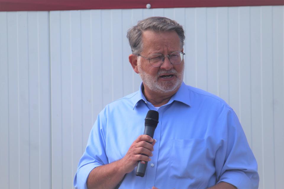 Gary Peters discusses the SWAT Act at Crossroads Blueberry Farm in West Olive on Friday, July 13, 2023.