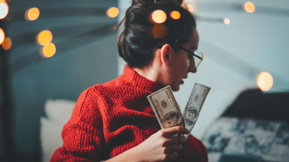 Businesswoman, Hand, Human Hand, Smiling, Winning, Dollars, Hipster, Bokeh.