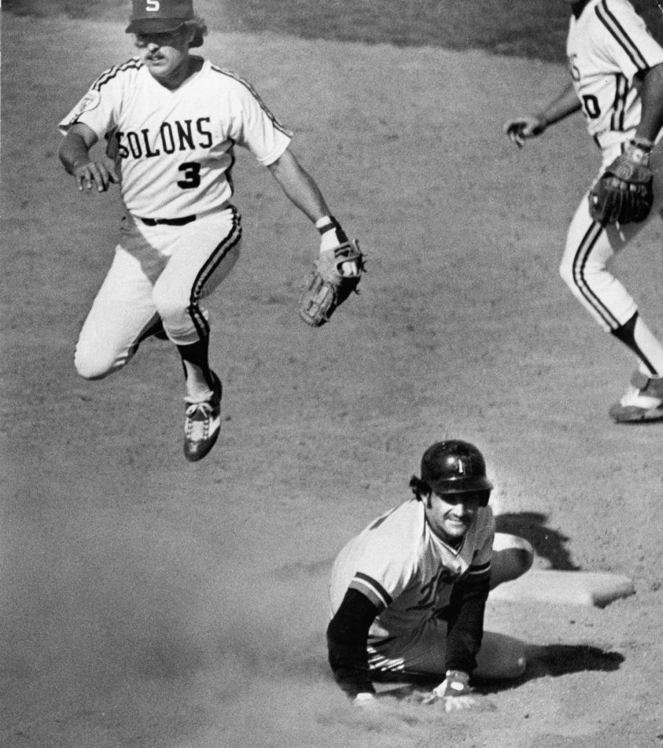 Ken Pape (3) relays a double-play ball over the Tacoma Twins Randy Bass in the Sacramento Solons baseball team’s opening game in 1976. The team won 7-6 at Hughes Stadium in front of 3,642 paying fans. The team played three seasons in Sacramento in the 1970s, all at Hughes.