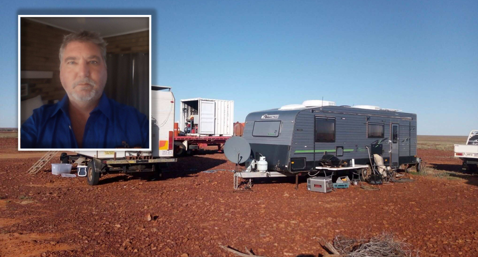 Inset - Mick Cusack. Main - his camp in the red desert. Caravans and other machinery can be seen.