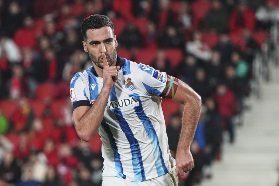 MALLORCA, SPAIN: Mikel Merino of Real Sociedad celebrates scoring his team's second goal during the LaLiga EA Sports match between RCD Mallorca and Real Sociedad at Estadi de Son Moix on February 18, 2024. (Photo by Rafa Babot/Getty Images)