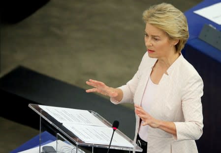 Designated European Commission President von der Leyen delivers a speech during a debate on her election at the European Parliament in Strasbourg