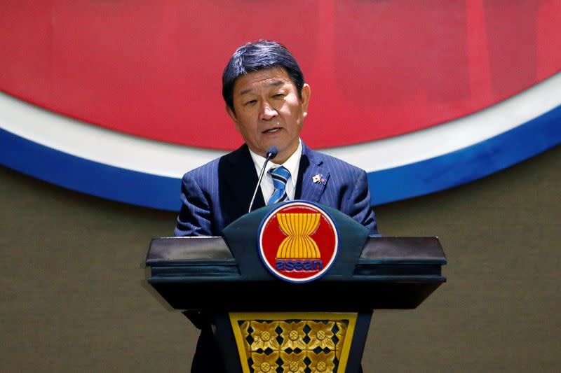 FILE PHOTO: Japanese Foreign Minister Toshimitsu Motegi delivers his speech at ASEAN’s Secretariat in Jakarta