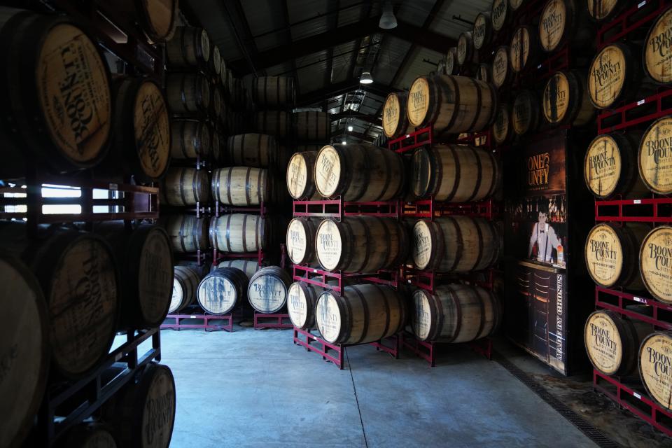 Barrels of bourbon sit and age in the rickhouse, Tuesday, Oct. 3, 2023, at Boone County Distilling Company near Florence, Ky.