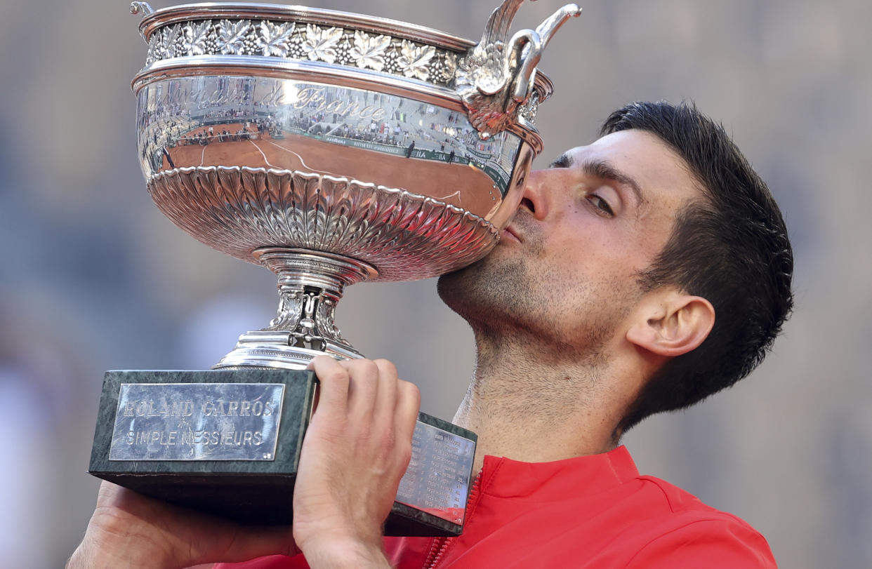 PARIS, FRANCE - JUNE 13: Winner Novak Djokovic of Serbia during the trophy ceremony for the Men's Singles final on day 15 of the French Open 2021, Roland-Garros 2021, Grand Slam tennis tournament at Roland Garros stadium on June 13, 2021 in Paris, France. (Photo by John Berry/Getty Images)