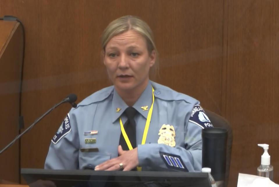 FILE - In this image from video, Minneapolis Police Inspector Katie Blackwell testifies April 5, 2021, in the trial of former Minneapolis police Officer Derek Chauvin Minneapolis, Minn. Blackwell, the former head of training for the Minneapolis Police Department returned to the witness stand Monday, Jan. 31, 2022 at the federal trial of three former police officers charged with violating George Floyd's civil rights as defense attorneys try to make the case that the officers' training was inadequate. (Court TV via AP, Pool, File)