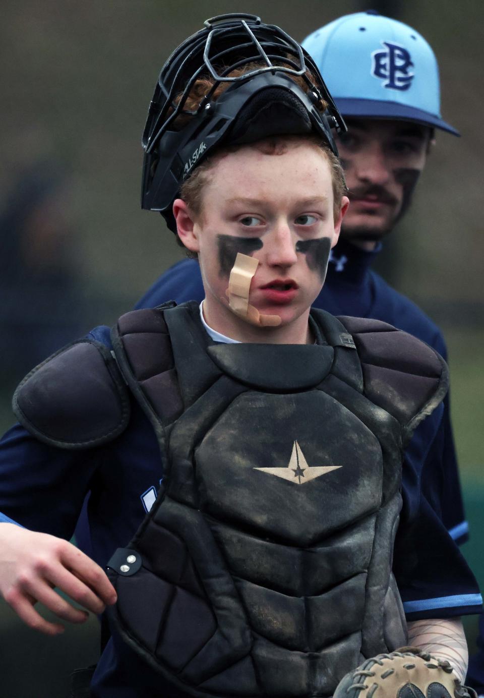 East Bridgewater catcher Joey Foley suffered a laceration at home plate with Abington runner Henry Rogers during a game on Wednesday, April 5, 2023.  