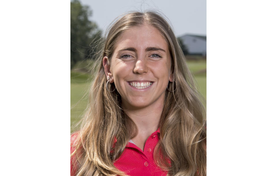 In this Sept. 7, 2017, photo provided by Iowa State University in Ames, Iowa, golfer Celia Barquin Arozamena poses for a photo. The former ISU golfer was found dead Monday, Sept. 17, 2018, at a golf course in Ames. Collin Daniel Richards, was arrested and charged with first-degree murder in her death. (Luke Lu/Iowa State University via AP)