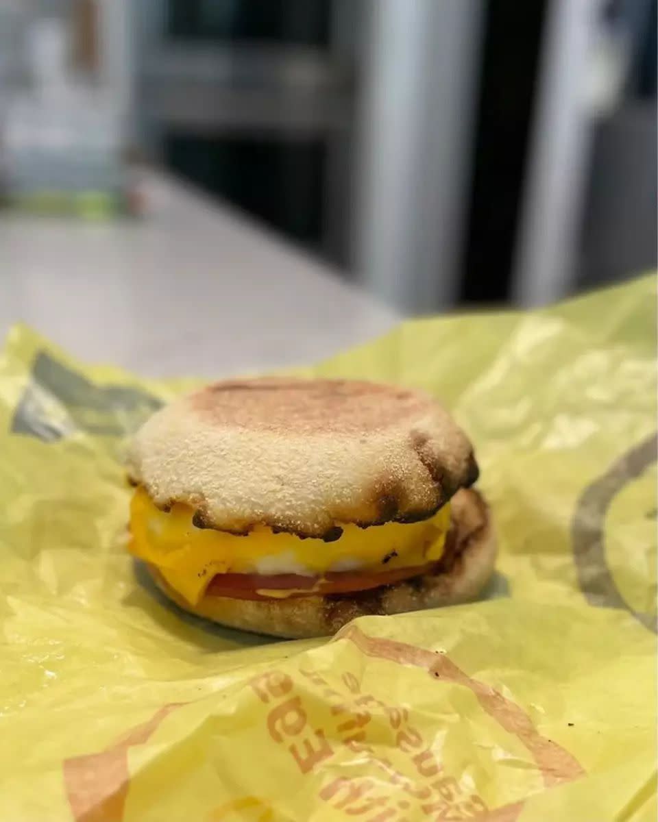 McDonald's Egg McMuffin on wrapper with a blurred background