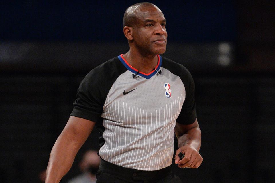 Referee Tony Brown officiates a game between the Denver Nuggets and the New York Knicks on January 10, 2021 at Madison Square Garden in New York City, New York.