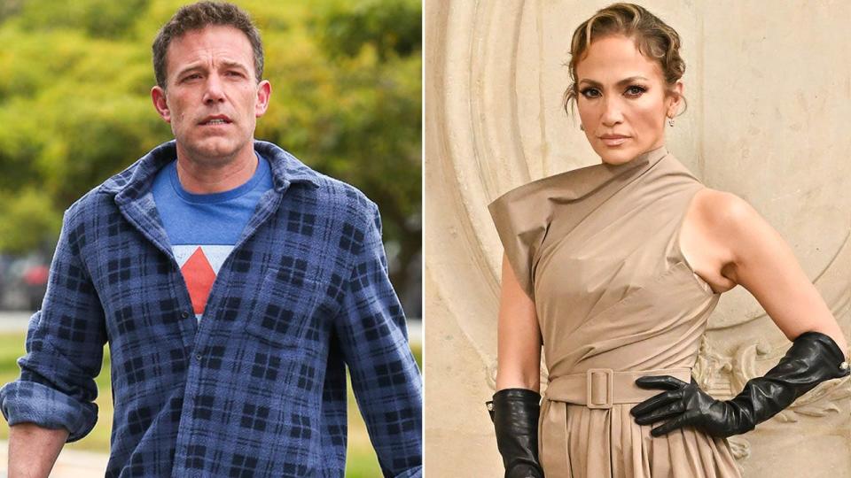 ben affleck walking outside/jennifer lopez with her hand on her hip