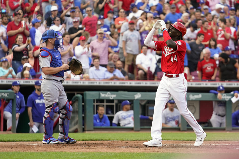 Cincinnati Reds' Elly De La Cruz (44) celebrates after hitting a two-run home run against the Los Angeles Dodgers in the first inning of a baseball game in Cincinnati, Wednesday, June 7, 2023. (AP Photo/Jeff Dean)