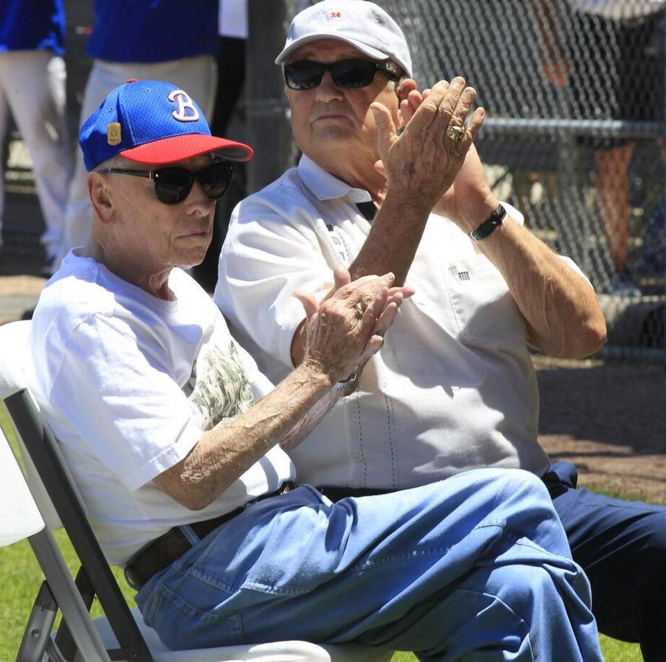 Cal Isselhardt sits next to former St. Louis Cardinals manager Whitey Herzog during a ceremony on Saturday to induct former Belleville Hilgards players into the team’s Hall of Fame. Isselhardt is the last surviving member of the first 1938 Hilgards team.