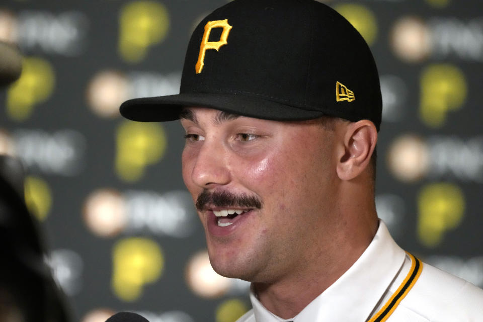 Pittsburgh Pirates first round draft pick, pitcher Paul Skenes meets with reporters after signing with the team in Pittsburgh, Tuesday, July 18, 2023. The Pirates drafted Skenes first player overall in this year's Major League Baseball draft. (AP Photo/Gene J. Puskar)
