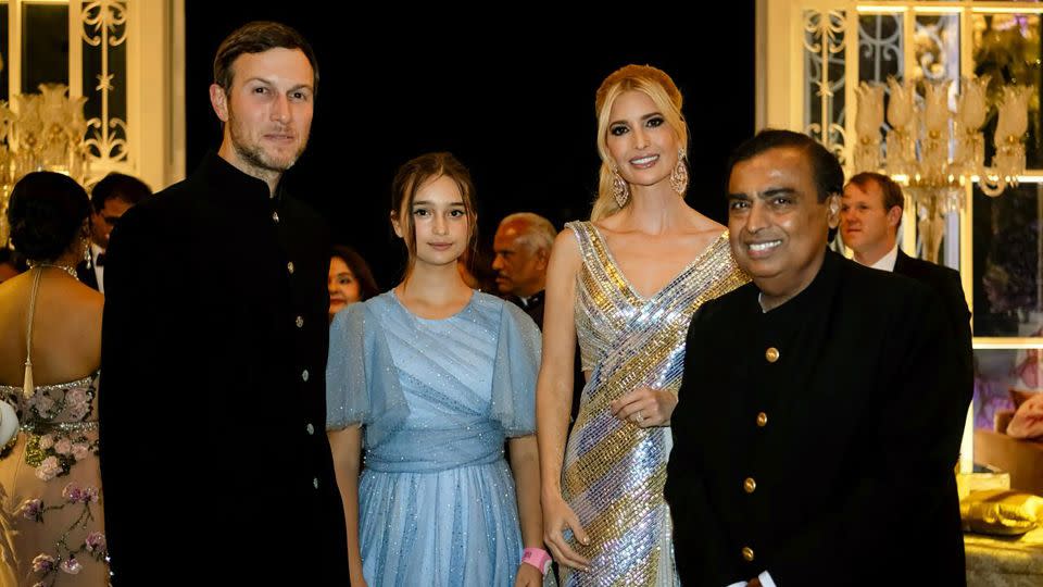 Jared Kushner, Ivanka Trump and their daughter Arabella pose with the groom's father, billionaire Mukesh Ambani. - Reliance group/AP