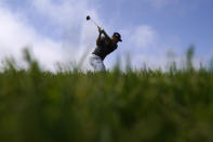 Kyle Westmoreland hits his tee shot on the 14th hole during a practice round of the U.S. Open Golf Championship, Monday, June 14, 2021, at Torrey Pines Golf Course in San Diego. (AP Photo/Gregory Bull)