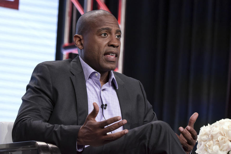 FILE — Carlos Watson participates in "The Contenders: 16 for 16" panel during the PBS Television Critics Association summer press tour, July 29, 2016, in Beverly Hills, Calif. Watson, founder of the troubled digital start-up Ozy Media, was arrested Thursday, Feb. 23, 2023 on fraud charges as part of a scheme to prop up the financially struggling company, which hemorrhaged millions of dollars before it shut down amid revelations of possibly deceptive business practices. (Photo by Richard Shotwell/Invision/AP, File)