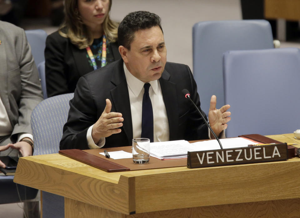 Venezuelan ambassador to the United Nations Samuel Moncada speaks during a Security Council meeting at U.N. headquarters, Thursday, Feb. 28, 2019. (AP Photo/Seth Wenig)