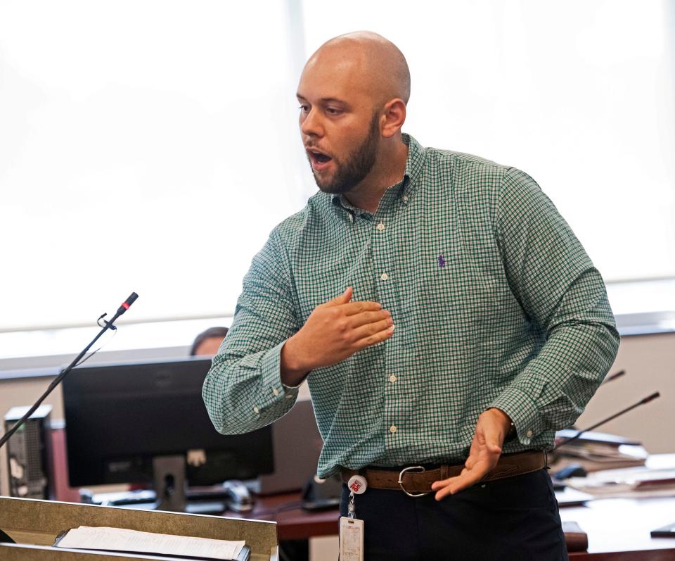 Caleb Lundy voices his opposition to a proposed residential development in the Molino area during a planning board meeting in Escambia County on Thursday, July 13, 2023. 