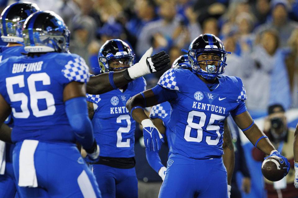 Kentucky tight end Jordan Dingle (85) celebrates after scoring a touchdown against South Carolina during the first half of an NCAA college football game in Lexington, Ky., Saturday, Oct. 8, 2022. (AP Photo/Michael Clubb)