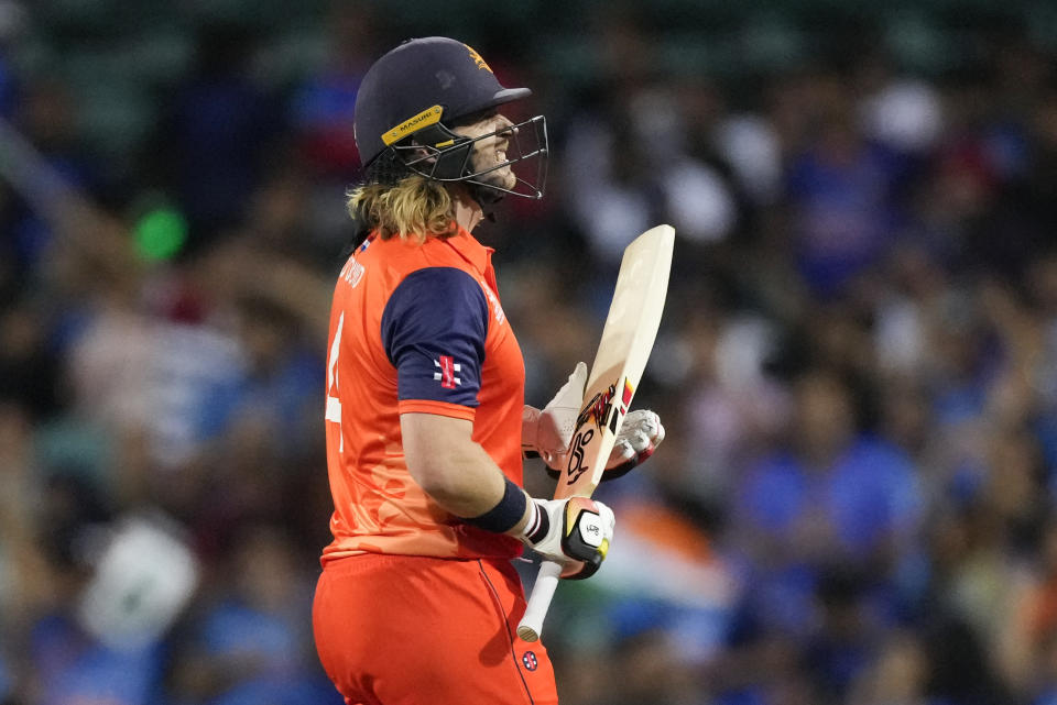 Netherlands' Max O'Dowd reacts after he was out bowled by India's Axar Patel during the T20 World Cup cricket match between India and the Netherlands in Sydney, Australia, Thursday, Oct. 27, 2022. (AP Photo/Rick Rycroft)