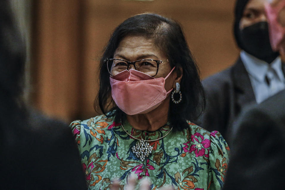 Principle Patron of NCSM Tan Sri Rafidah Aziz at the launching of the 'Building the Pink Road of Hope' coffee table book at Mandarin Oriental Hotel in Kuala Lumpur December 9, 2021. — Picture by Hari Anggara