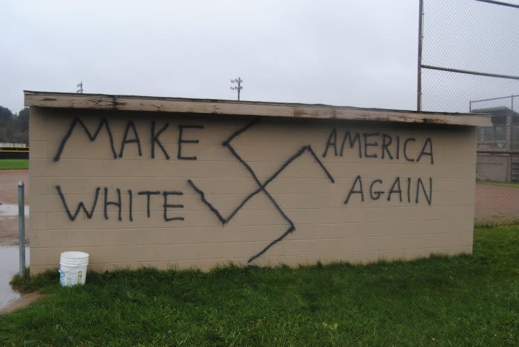 A swastika was graffitied with the words 