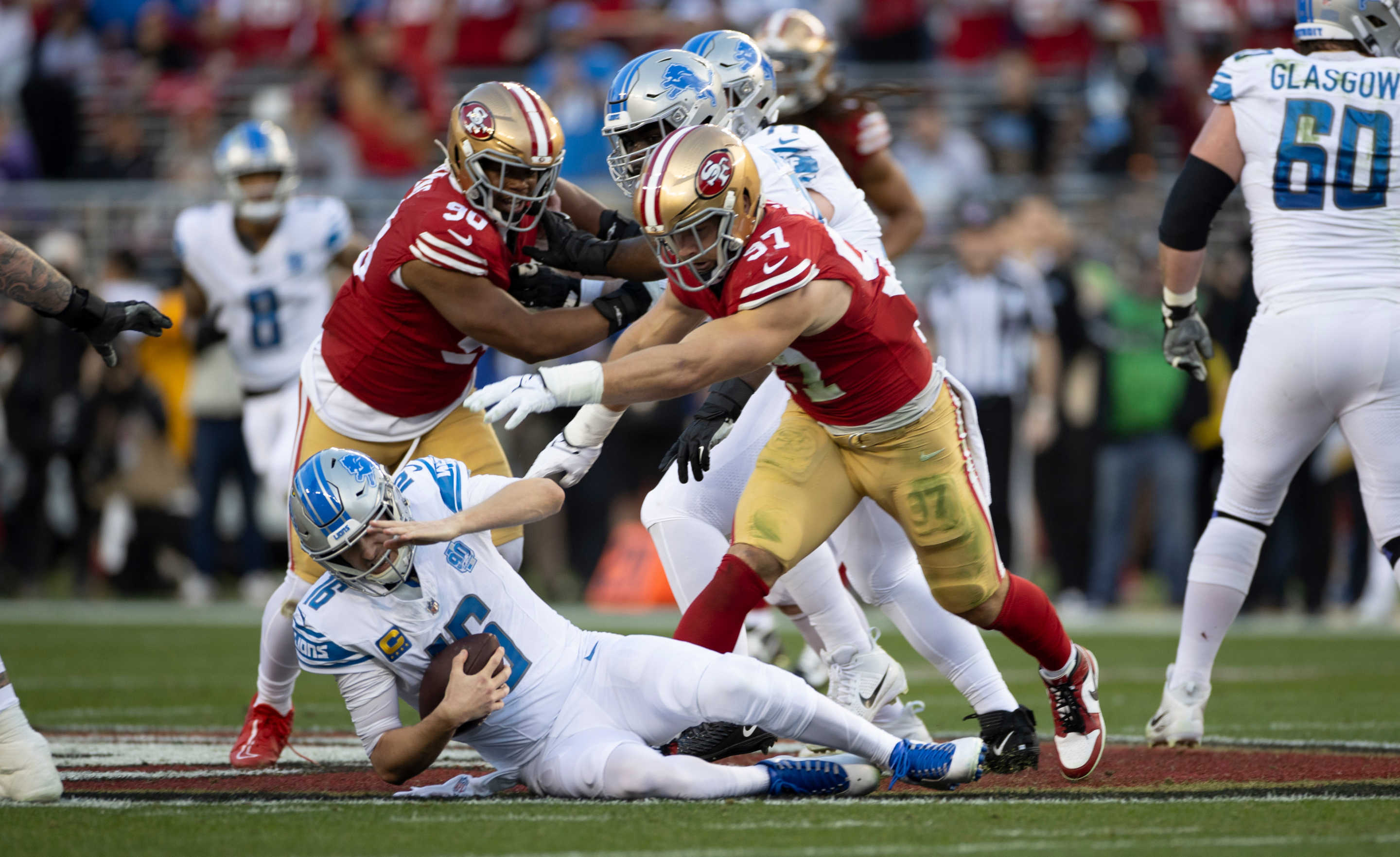 SANTA CLARA, CA - JANUARY 28: Nick Bosa #97 of the San Francisco 49ers sacks Jared Goff #16 of the Detroit Lions during the NFC Championship game at Levi's Stadium on January 28, 2024 in Santa Clara, California. The 49ers defeated the Lions 34-31. (Photo by Michael Zagaris/San Francisco 49ers/Getty Images)