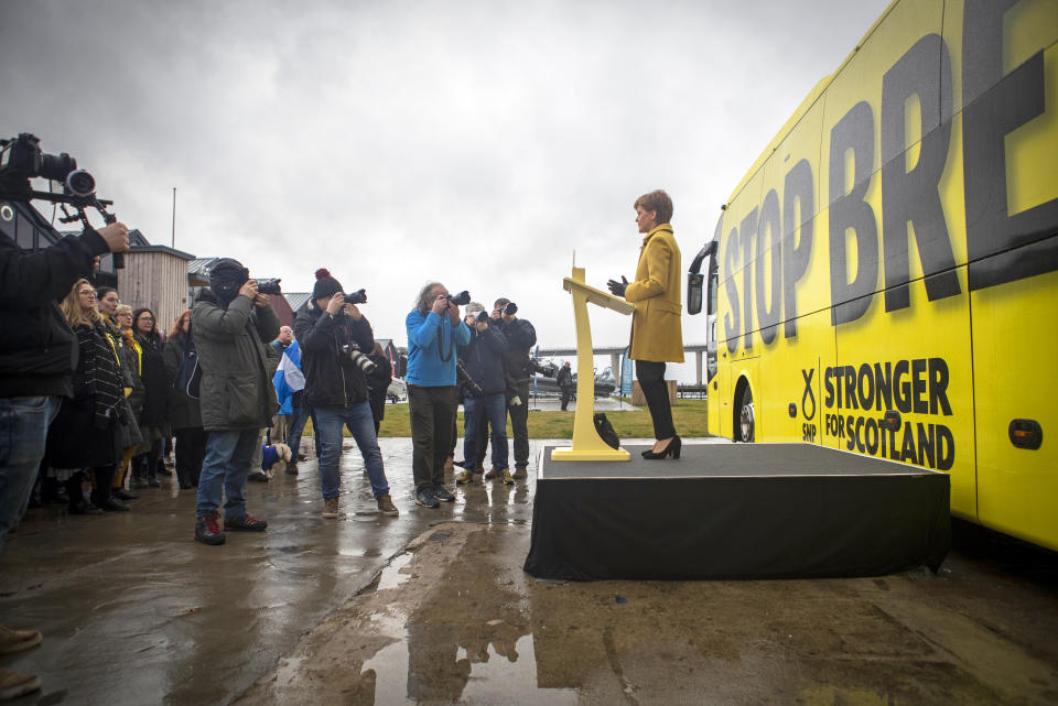SNP leader Nicola Sturgeon launches the party's campaign bus at Port Edgar Marina in South Queensferry, before setting off on a tour of Scotland for the final week of the SNP???s General Election campaign.