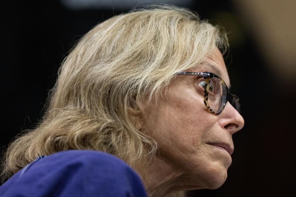 Donna Adelson reacts to statements made about her treatment at the Leon County Jail by LSCO Chief Norman Mack during a motion hearing on Monday, Dec. 11, 2023.