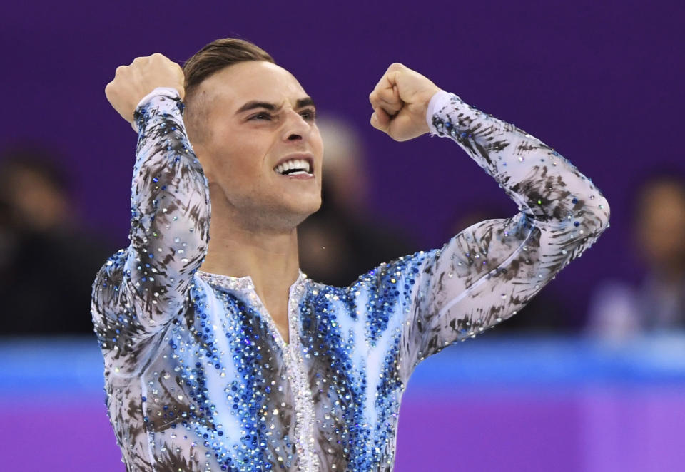 Adam Rippon of the United States reacts after his performance in the men’s single skating free skating in the Gangneung Ice Arena at the 2018 Winter Olympics. (AP)