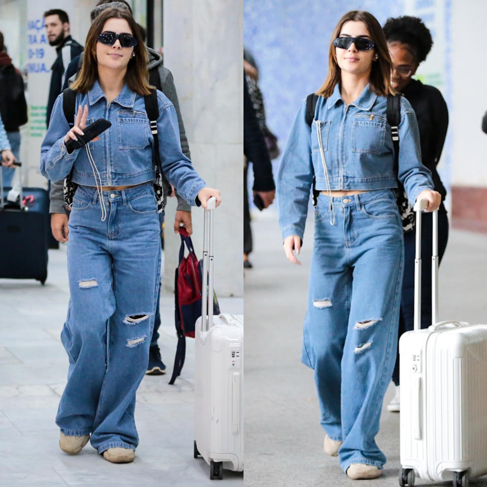 <p>Jade Picon usou look all jeans composto por wide leg e jaqueta cropped (Foto: Agnews)</p> 