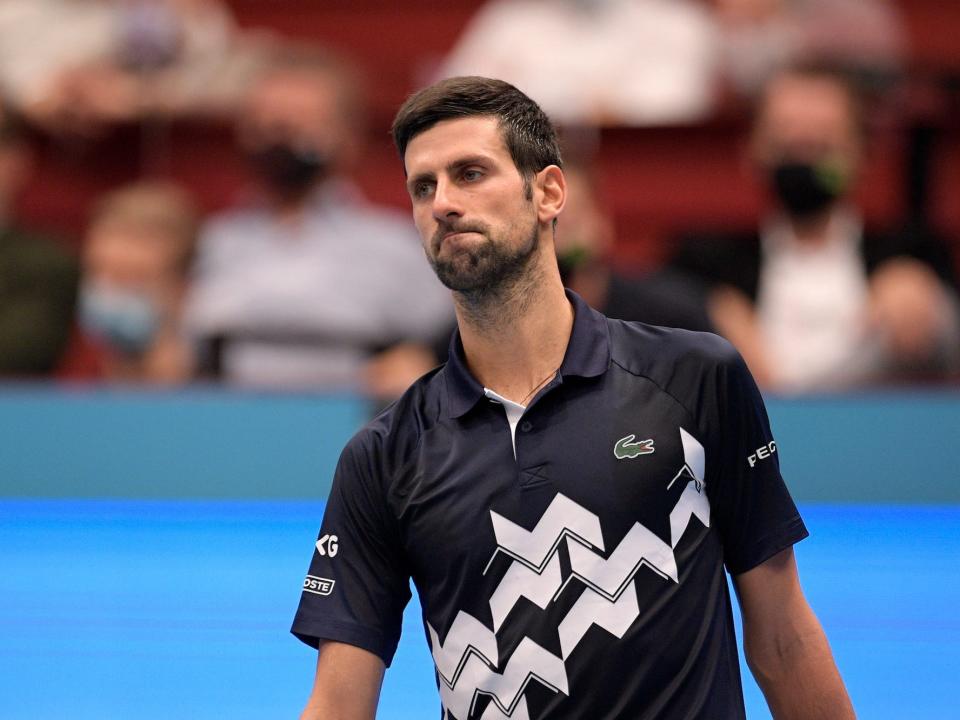 Novak Djokovic of Serbia reacts during his quarter finals match against Lorenzo Sonego of Italy on day seven of the Erste Bank Open tennis tournament at Wiener Stadthalle