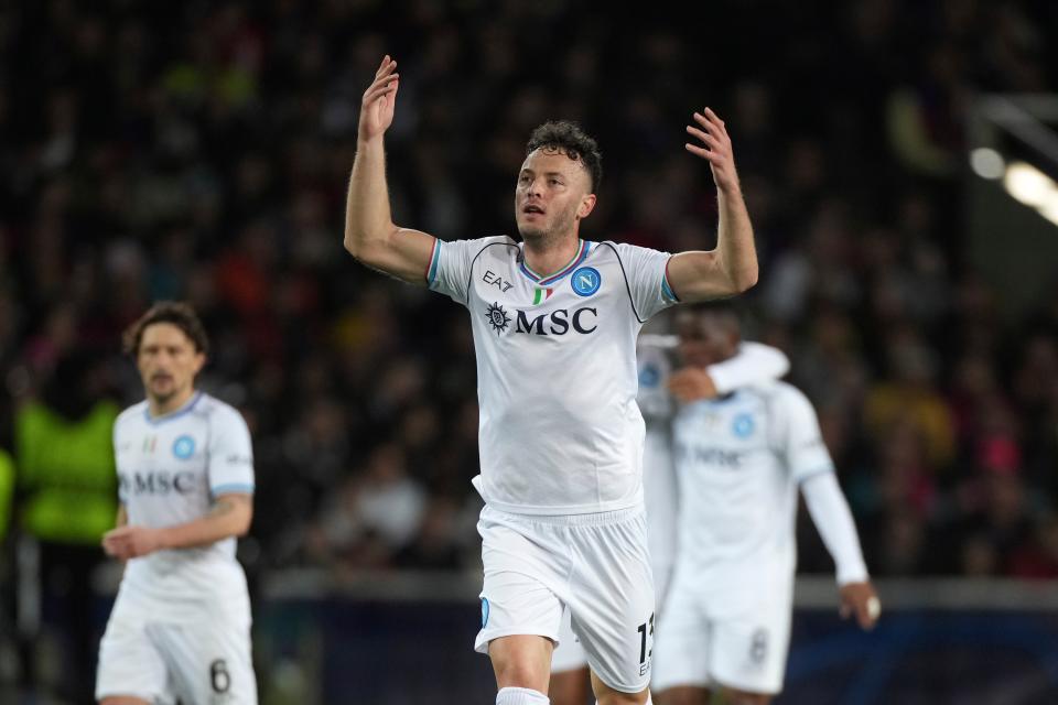 Napoli's Amir Rrahmani celebrates after scoring (AP)