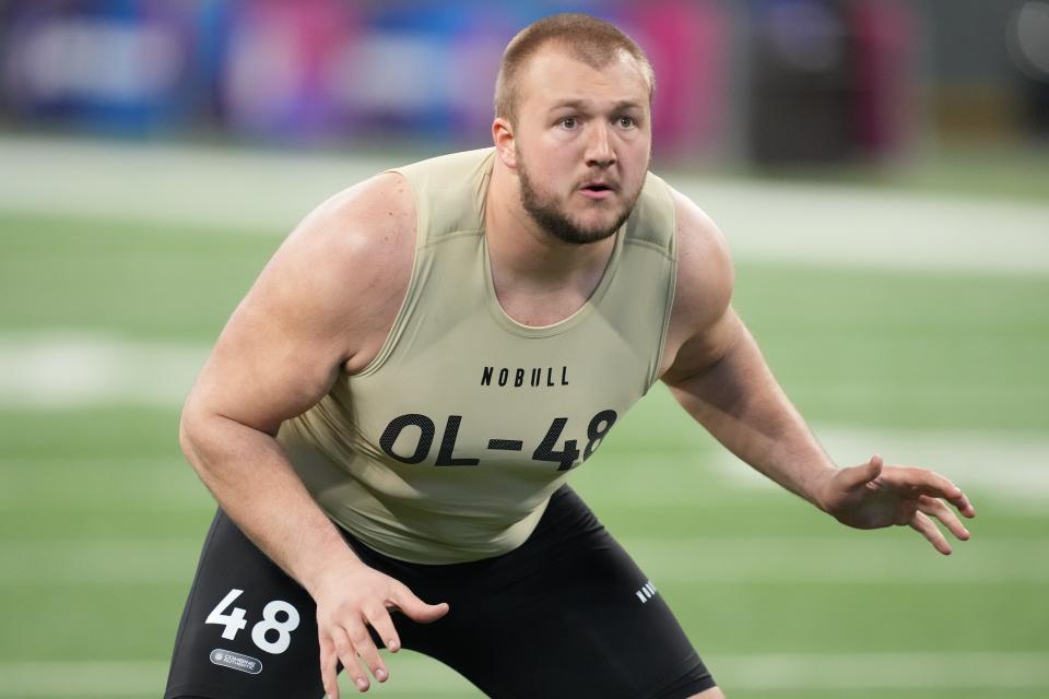 Mar 3, 2024; Indianapolis, IN, USA; South Dakota State offensive lineman Mason McCormick (OL48) during the 2024 NFL Combine at Lucas Oil Stadium. Mandatory Credit: Kirby Lee-USA TODAY Sports