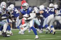 Indianapolis Colts wide receiver Parris Campbell (1) runs during the second half of an NFL football game against the Dallas Cowboys, Sunday, Dec. 4, 2022, in Arlington, Texas. (AP Photo/Tony Gutierrez)