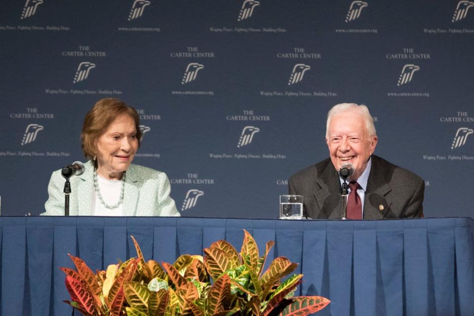 Former President Jimmy Carter and Rosalynn Carter talk about the future of The Carter Center and their global work during a town hall, Tuesday, Sept. 17, 2019, in Atlanta. (Branden Camp/Atlanta Journal-Constitution via AP)
