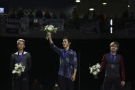 Nathan Chen reacts as he wins the men's title in the Skate America, Saturday, Oct. 20, 2018, in Everett, Wash. (Olivia Vanni/The Herald via AP)