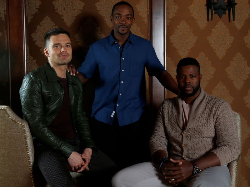 FILE PHOTO: Cast members Stan, Duke and Mackie pose for a portrait while promoting the "Avengers: Infinity War" in Beverly Hills