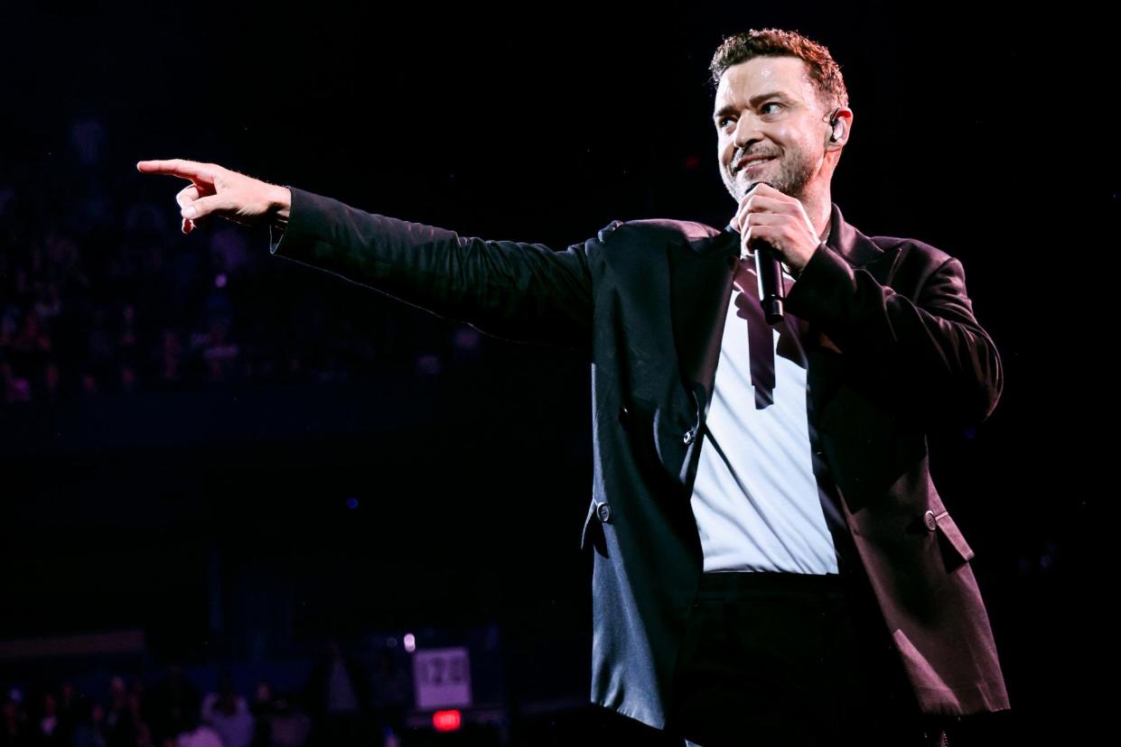 <span>Justin Timberlake performs during his world tour in Vancouver, British Columbia, on 29 April 2024.</span><span>Photograph: Kevin Mazur/Getty Images for Live Nation</span>