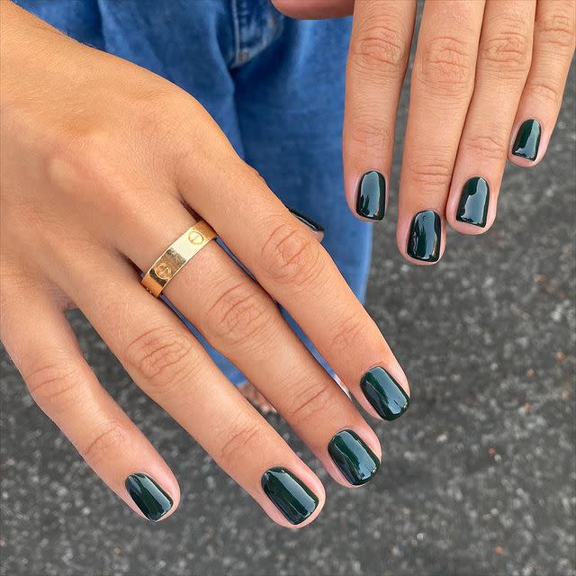 <p>Top a deep green shade with a high-shine glossy topcoat for a polished finish.</p><p>Try... Hermès Les Mains Hermès Top Coat Nail Polish, £42 <a class="link " href="https://www.selfridges.com/GB/en/cat/hermes-les-mains-herms-top-coat-nail-polish-15ml_R03834773/" rel="nofollow noopener" target="_blank" data-ylk="slk:SHOP NOW;elm:context_link;itc:0;sec:content-canvas">SHOP NOW</a></p><p><a href="https://www.instagram.com/p/CQny00YMdcD/" rel="nofollow noopener" target="_blank" data-ylk="slk:See the original post on Instagram;elm:context_link;itc:0;sec:content-canvas" class="link ">See the original post on Instagram</a></p>