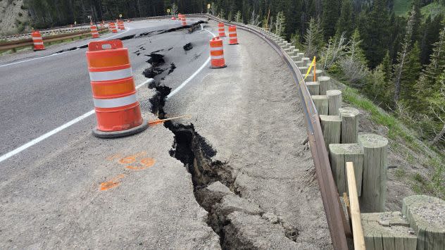 Cracks in the roadway on Teton Pass are seen on Friday, June 7, the day before its "catastrophic failure." (Wyoming Department of Transportation via CNN Newsource)