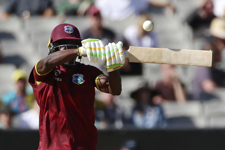 West Indies' Hayden Walsh Jr. bats against Australia during their one day international cricket match in Melbourne, Australia, Friday, Feb. 2, 2024. (AP Photo/Asanka Brendon Ratnayake)