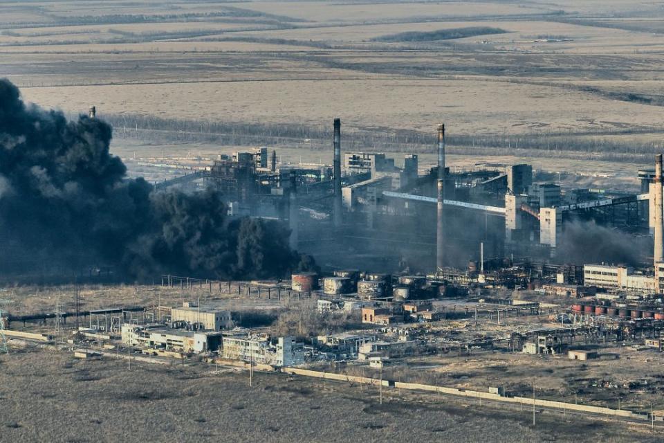 A view of smoke billowing from the Avdiivka Coke and Chemical Plant in Avdiivka, Ukraine, on Feb. 15, 2024. (Kostiantyn Liberov/Libkos/Getty Images)