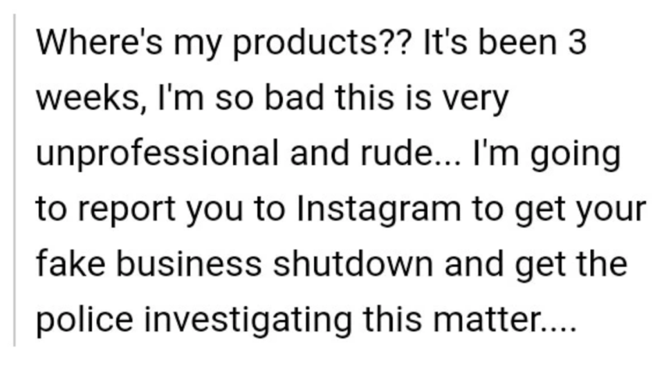 "I'm going to report you to Instagram to get your fake business shutdown and get the police investigating this matter...."