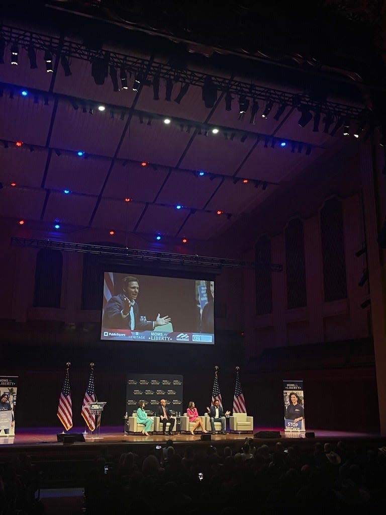 Ron DeSantis speaks during Moms for Liberty's Town Hall on Tuesday