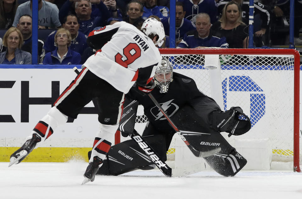 Tampa Bay Lightning goaltender Andrei Vasilevskiy makes a save on a penalty shot by Ottawa Senators right wing Bobby Ryan (9) during the second period of an NHL hockey game Saturday, March 2, 2019, in Tampa, Fla. (AP Photo/Chris O'Meara)